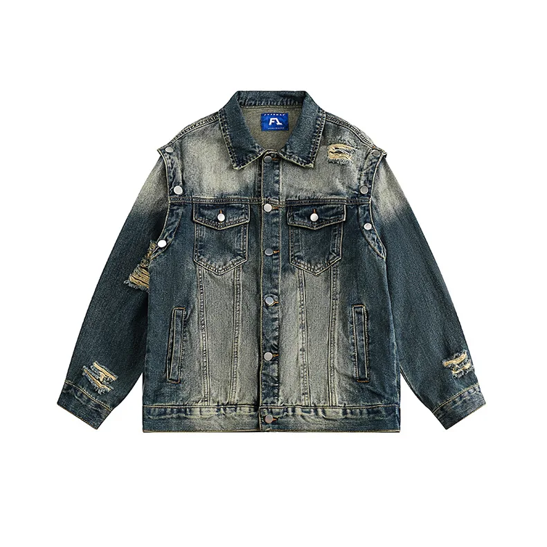 

Men's Fashion High Street Ripped Jeans Jacket Streetwear Distressed Denim Trucker Coat Outerwear Washed Blue Loose Fit Tops