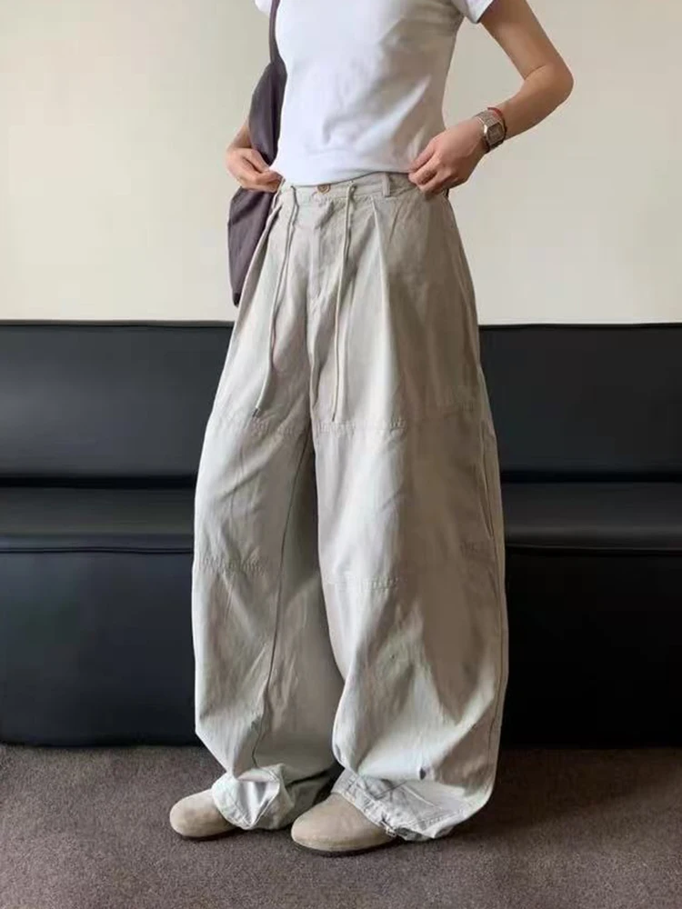 American Drawstring Cargo Pants for Women Y2K Fashion Streetwear Loose Pockets Punk Pants Bf Hip Hop All Match Straight Trousers