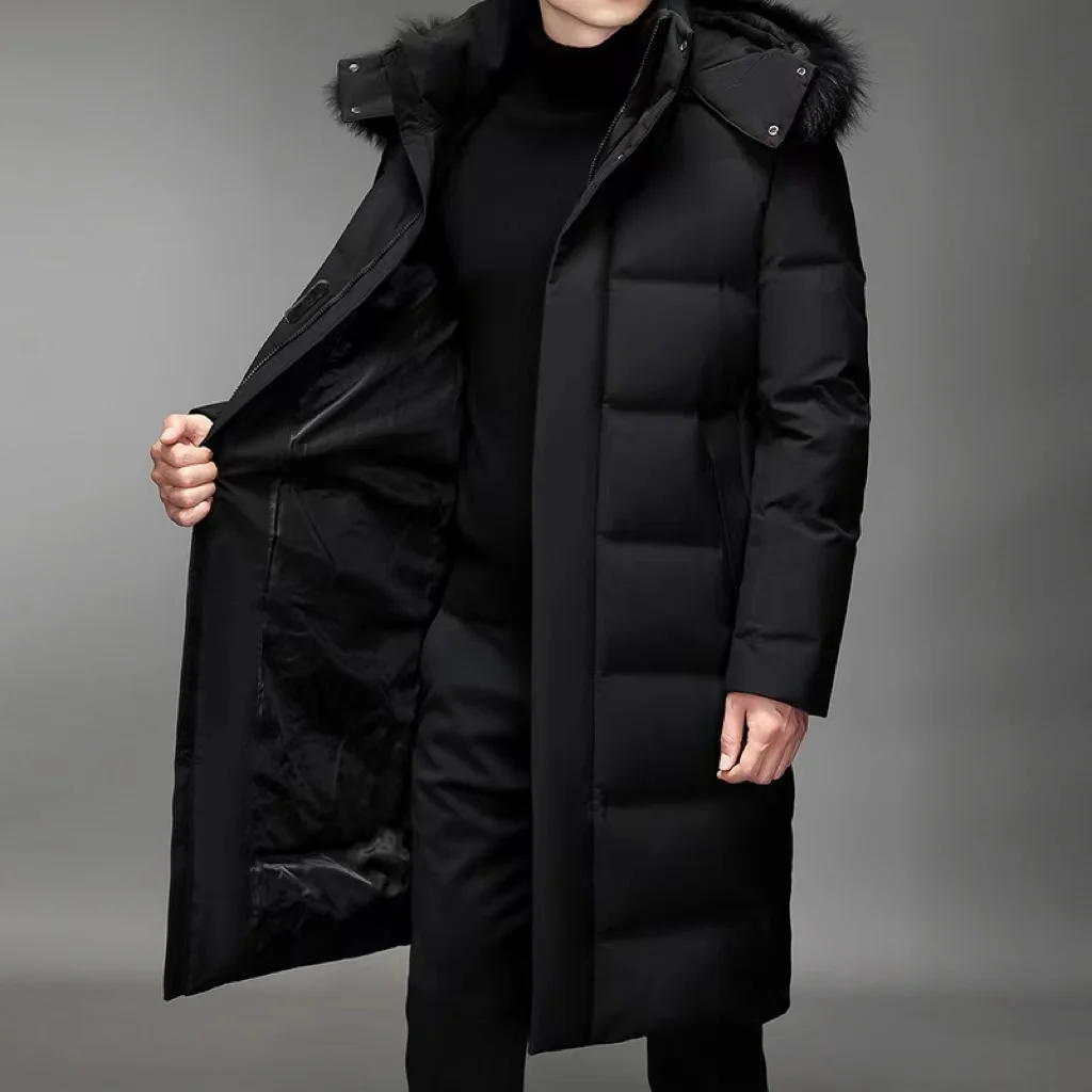 2024 Autumn/Winter New Men's Long Hooded Down Jacket with Large Hairy Neck Hat Thickened Cold proof and Warm Down Jacket M-5XL