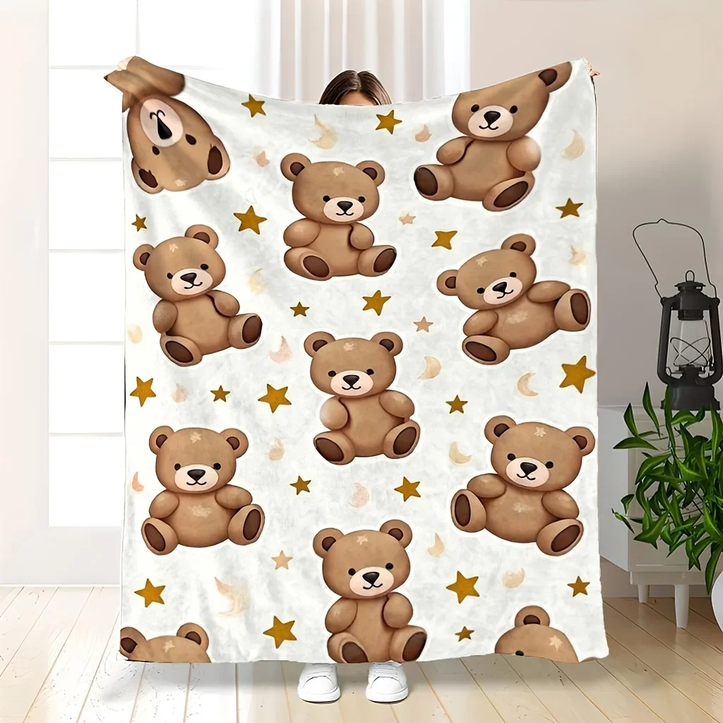 1pc Flannel Blanket, 280GSM Single-Sided Digital Print, Plush Teddy Bear And Moon Stars Night Sky Flannel Blanket | Soft And Warm All-Season Comfortable Bedspread with Little Bears, Beige And White Stars, Durable Polyester Flannel
