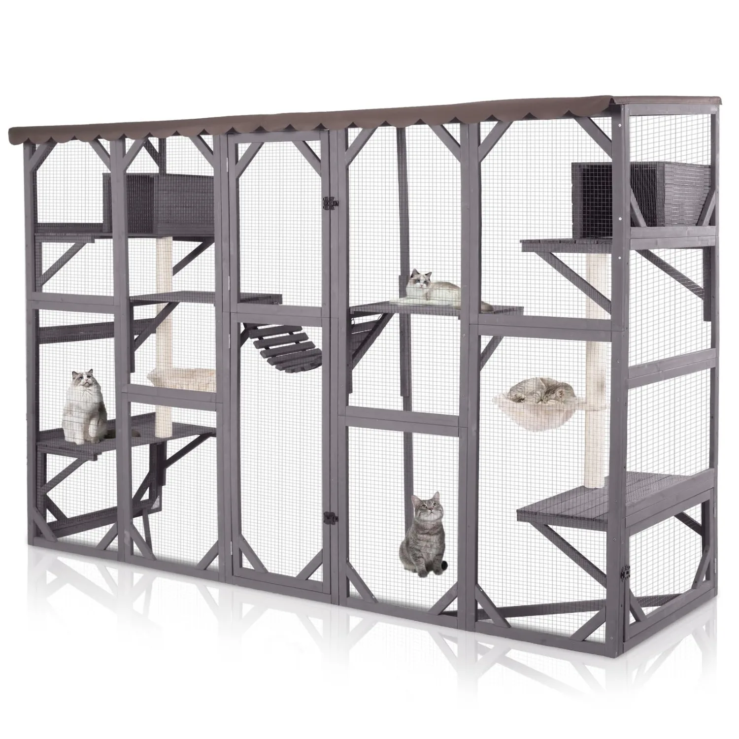 Catio Outdoor Cat Enclosure Window, Wall-Mounted Large Walk-in Cat Playpen with Scratch Posts, Basket, Platform, Bridge