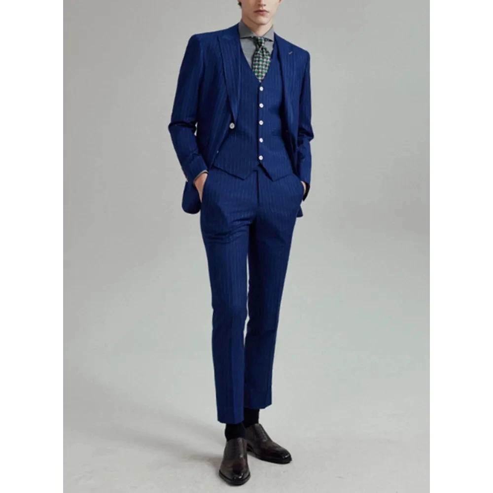 

Blue Stripe Men's Suits Elegant 3 Piecs Blazer Pants Vest Business Casual Slim Fit Wedding Groom Single Breasted Custom Suits