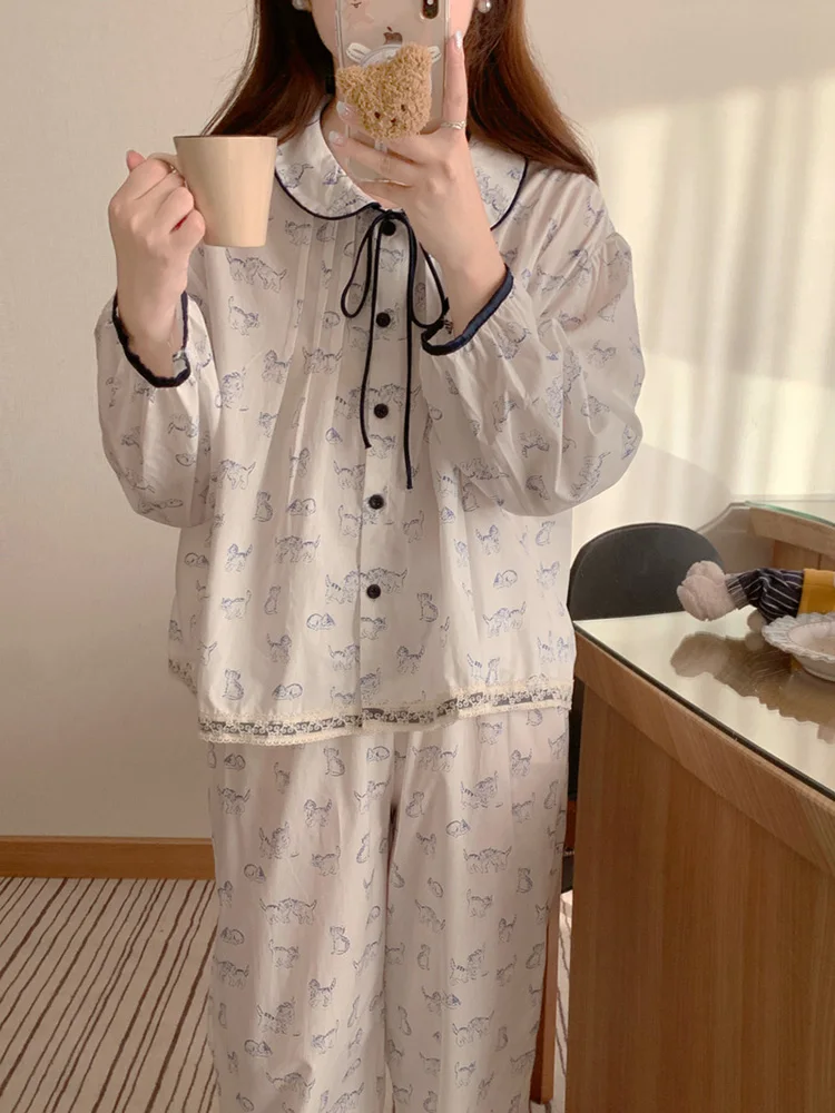 

New Cute Print Cartoon Cat Korean Sweet Cardigan Long Sleeve Pajama Set Women Soft Girlish Autumn Loose Casual Lazy Sleepwear