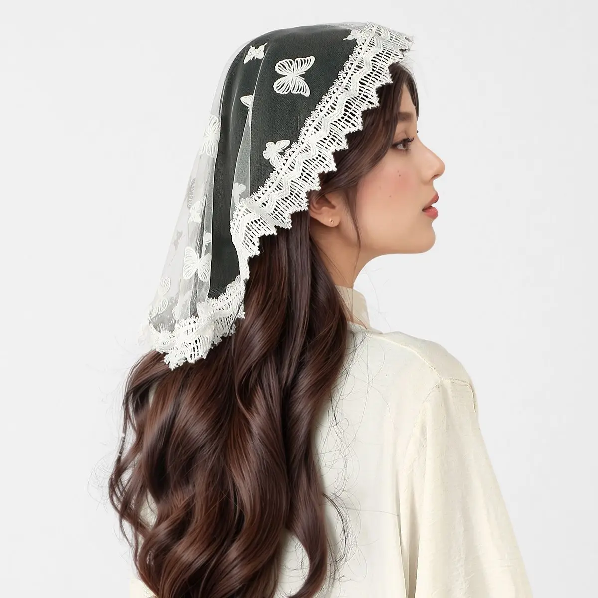 Wedding Round Veil Butterfly Embroidered Veils Dot Women Lace Muslim Woman Triangle Scarf Solid Color Veils Turban Ramadan Eid