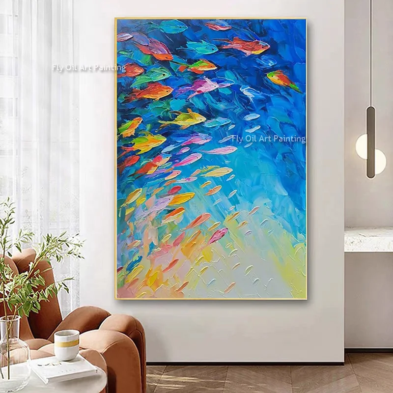 Azul amarillo océano profundo vista lienzo arte de pared azul marino mar rojo amarillo peces pintura al óleo obra de arte especial para decoración del hogar como regalos
