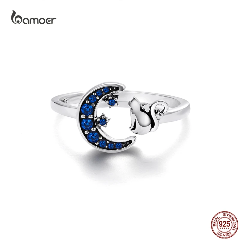 Bamoer Blue Moon Fashion Ring Genuine 925 Sterling Silver Cute Cat Animal Open Adjustable Rings for Women Elegant Party Jewelry