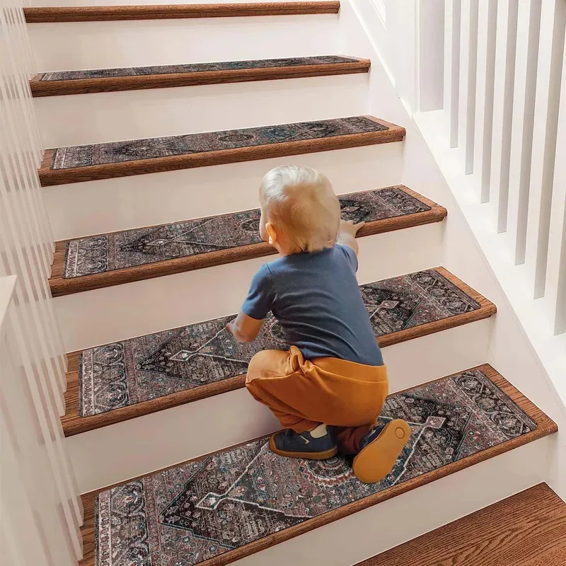 VIKAMA Vintage Persian Ethnic Geometric Pattern Stair Tread Mat Non-Slip, Absorbent, Wear-Resistant Floor Step Carpet