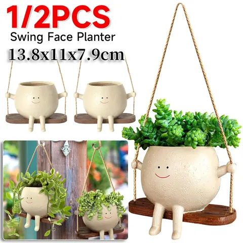 1-2PCS Flower Pot Swinging Pot Hanging Face Planter Wall Planter Swing Smiling Face Planter Pot Flowerpot Home Garden Decoration