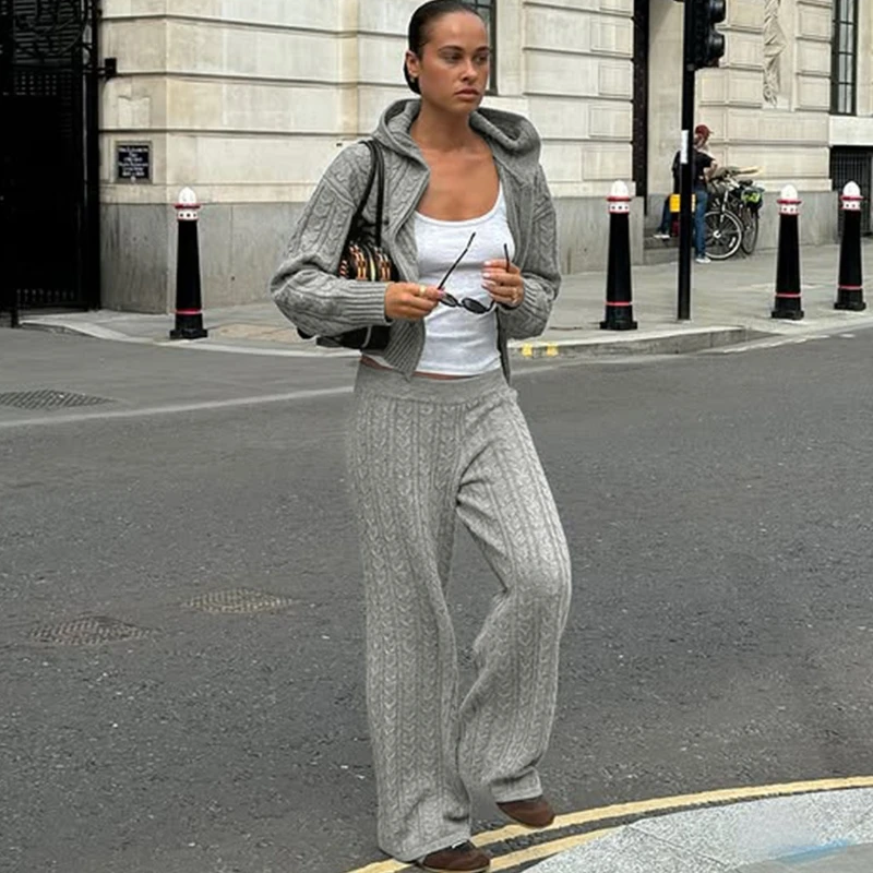 

TARUXY Fashion Leisure Knitting Suits Women's Mahua Slightly Flared Knit Pants Zipper Hoodie Coat 2 Items Suits Autumn Clothing