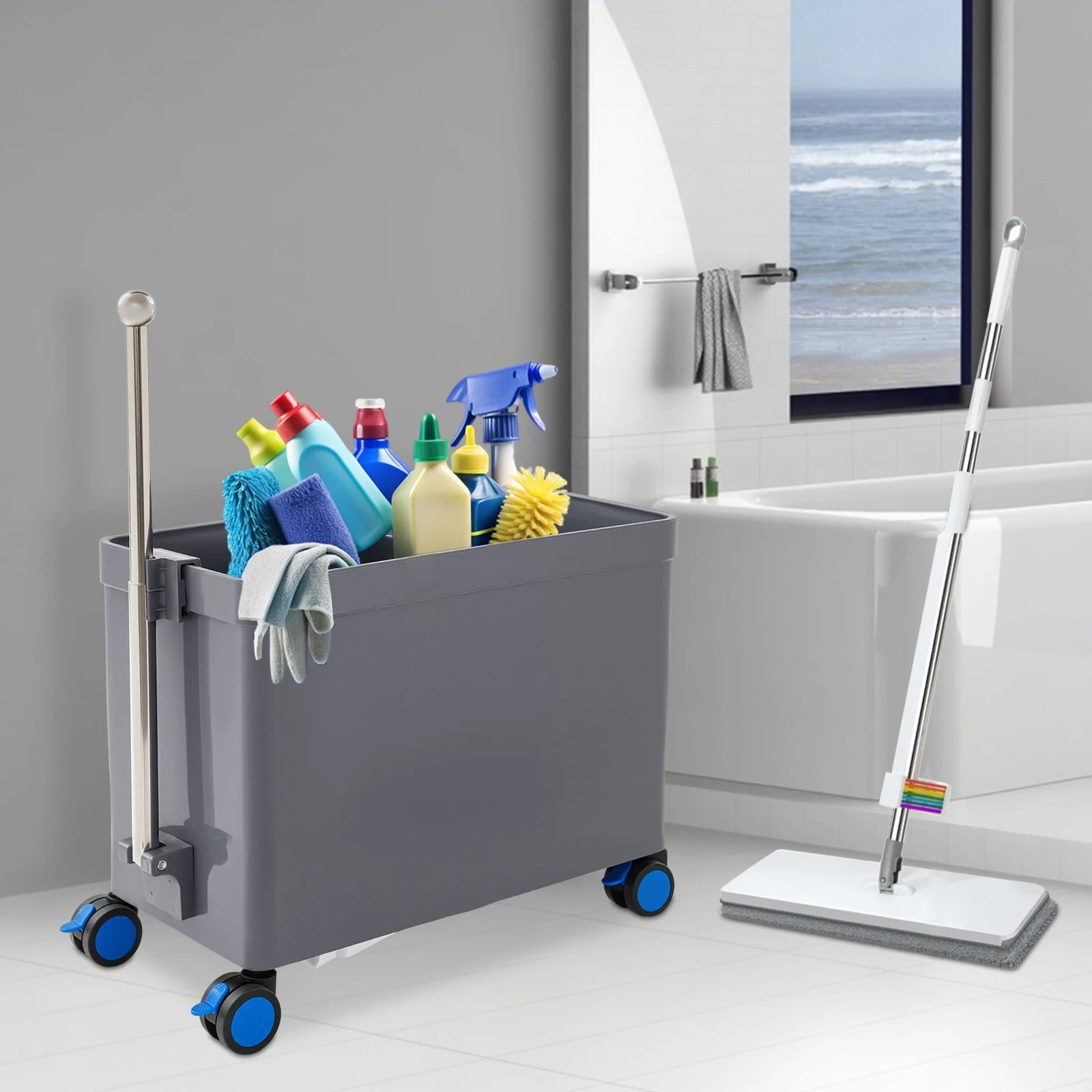 

One-Touch Drain Function Floor Mop Sink with Retractable Handle and Four Universal Wheels, Bathroom For Bathing Pets