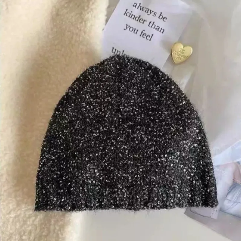 Women Shiny Sequin Knitted Beanies Cold Hat Trendy Ins‑inspired Caps Soft Stretch Warm Skullcap Fashion Outdoor Photo Head Decor