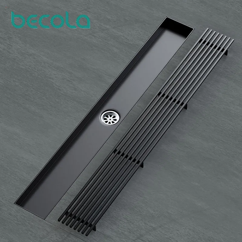 

20-100cm Black Side Outlet Shower Drain Stainless Steel Bathroom Floor Drainage Linear Waste Drain Cover Roof Kitchen Accessory