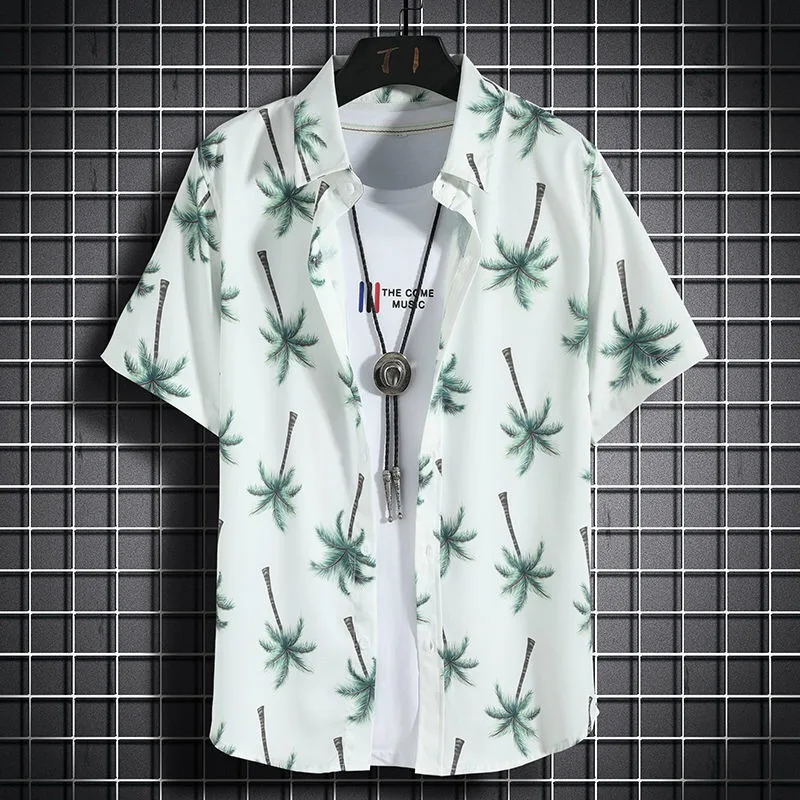 

Fashion Hawaiian Beach Shirts Men's Short-sleeved Casual Shirts Seaside Vacation Quick-drying Clothes Coconut Tree Casual Tops