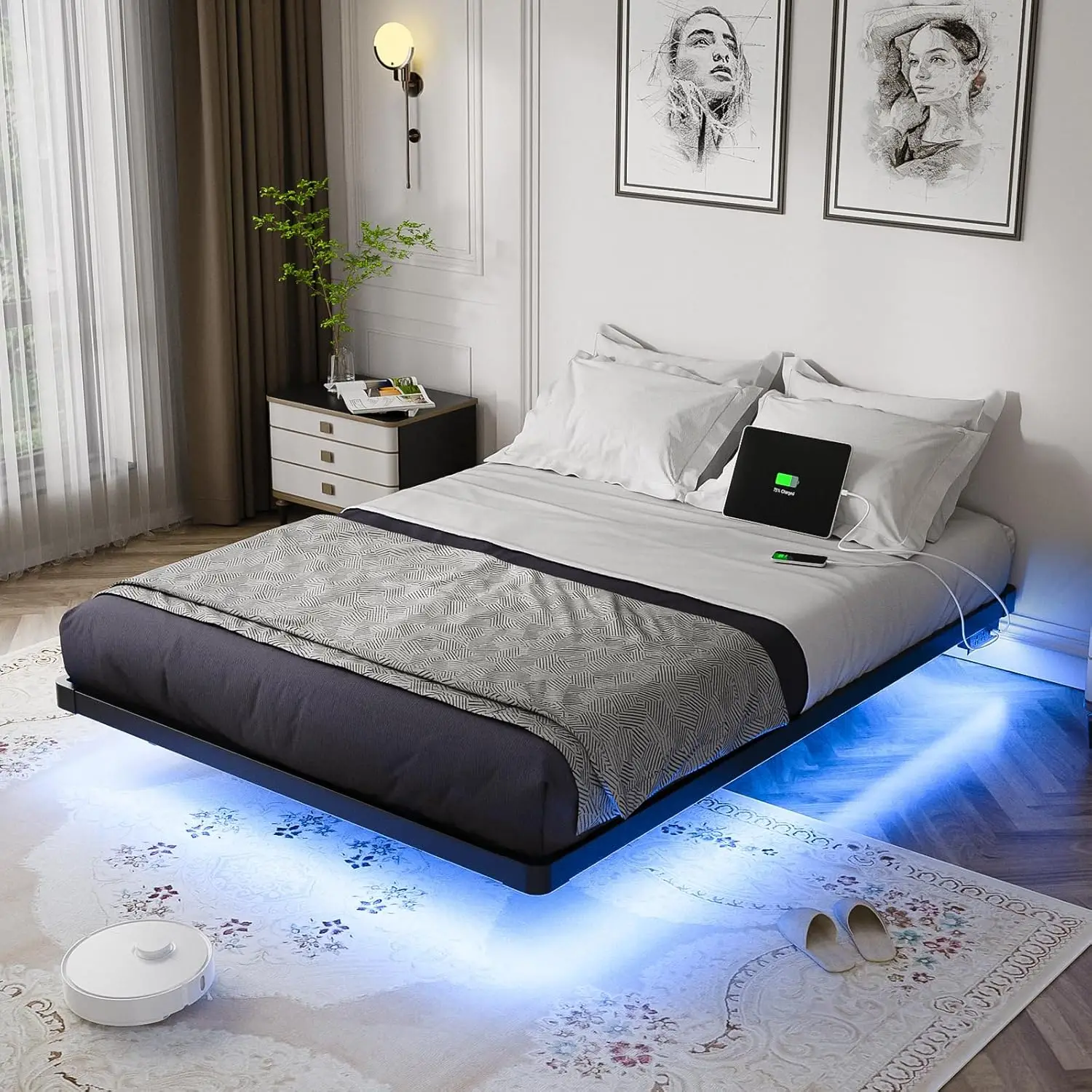 S444f6a9eb2e246238dd95260f336c6e6T Queen Size Floating Bed Frame with LED Lights and Charging Station