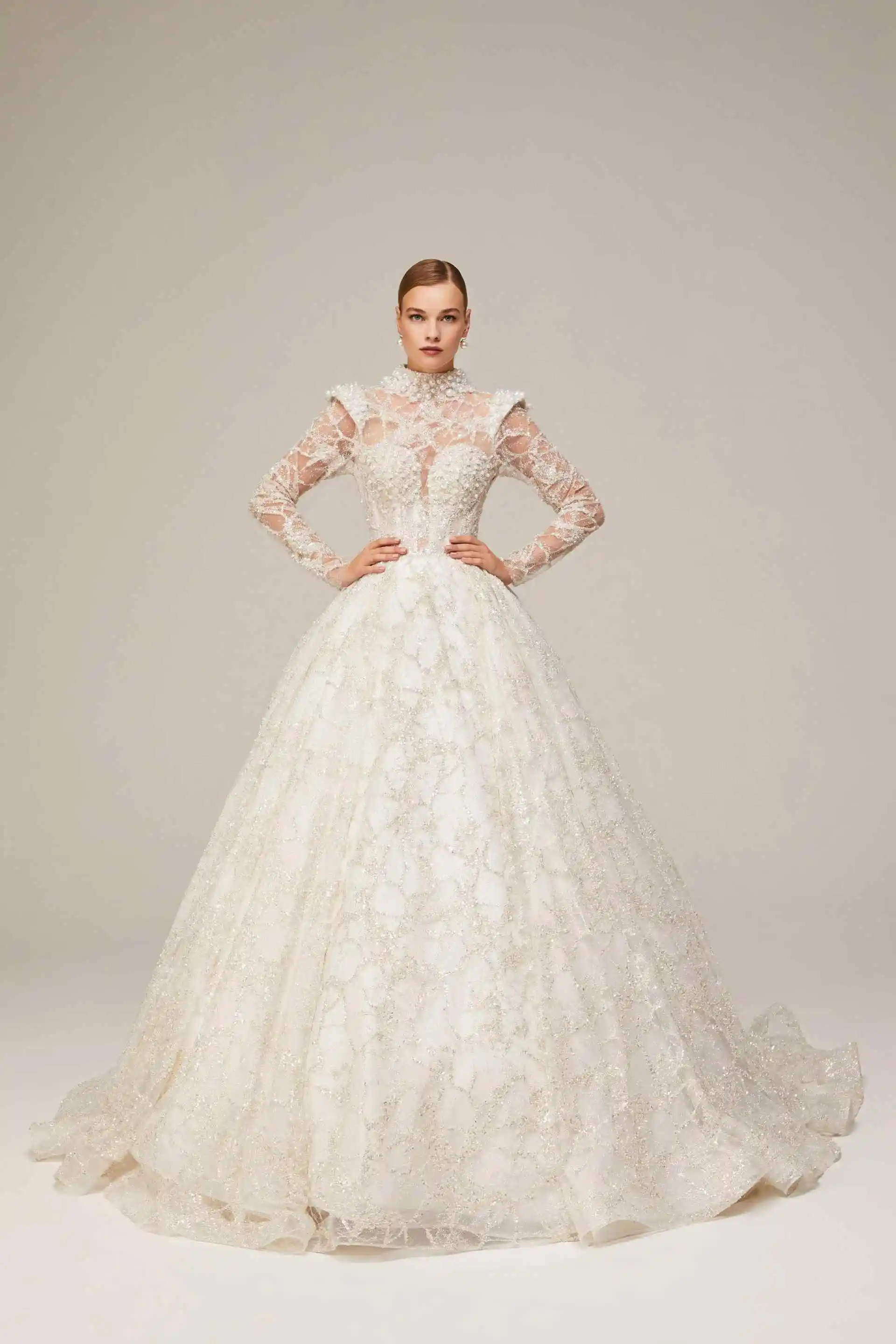Chic Beaded Lace Wedding Gown High Neck Long Sleeve Illusion Lace Back A Line Bride Studio Wedding Photoshoot Dress Customized