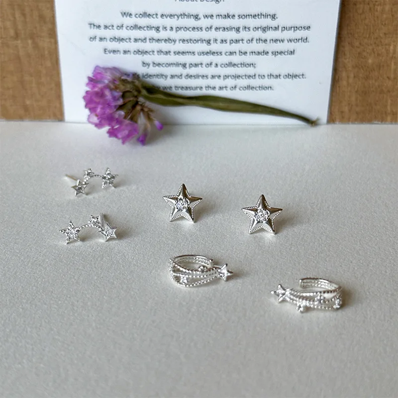 Silver Color Stars Of Different Shapes Earrings For Women Delicate Versatile No Piercing Ear Cuff Party Jewelry Accessories