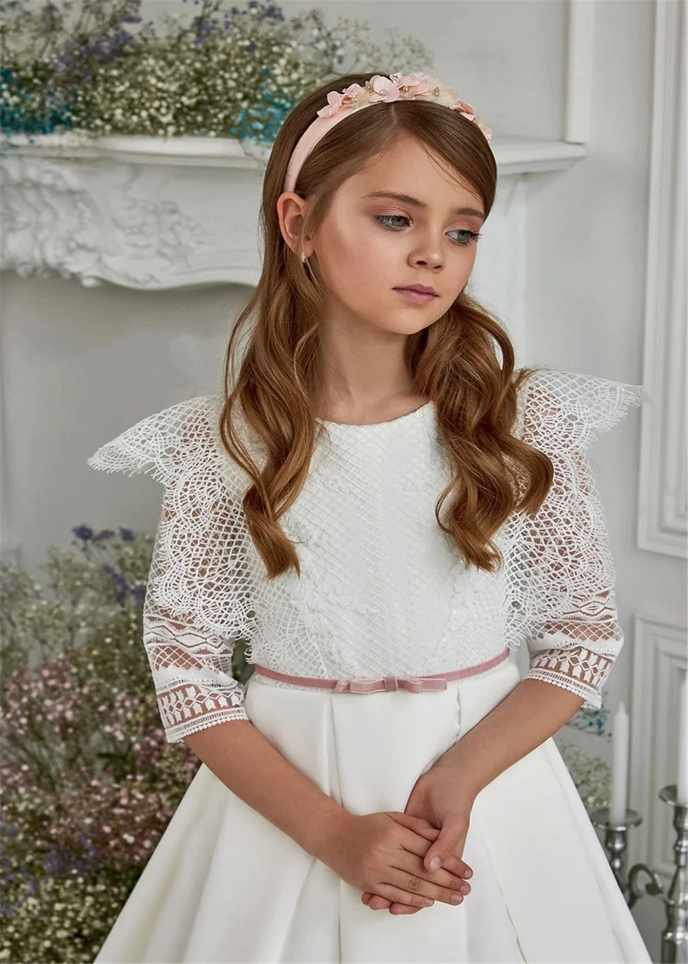 Vestido branco flor menina para casamento boho cetim meia manga renda inchado crianças presente de aniversário festa bola primeira comunhão downs