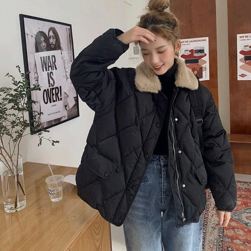 Loose Damond Pattern Bread Jacket  Patchwork Fur Collar Insulation  Thick Cotton Jacket Jacket For Women With Sense  Design Nich