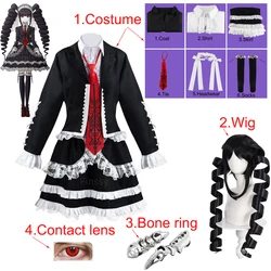 Danganronpa Celestia Ludenberg disfraz de Cosplay, peluca de Cosplay, anillo de hueso de Metal, incluye calcetines de corbata de camisa