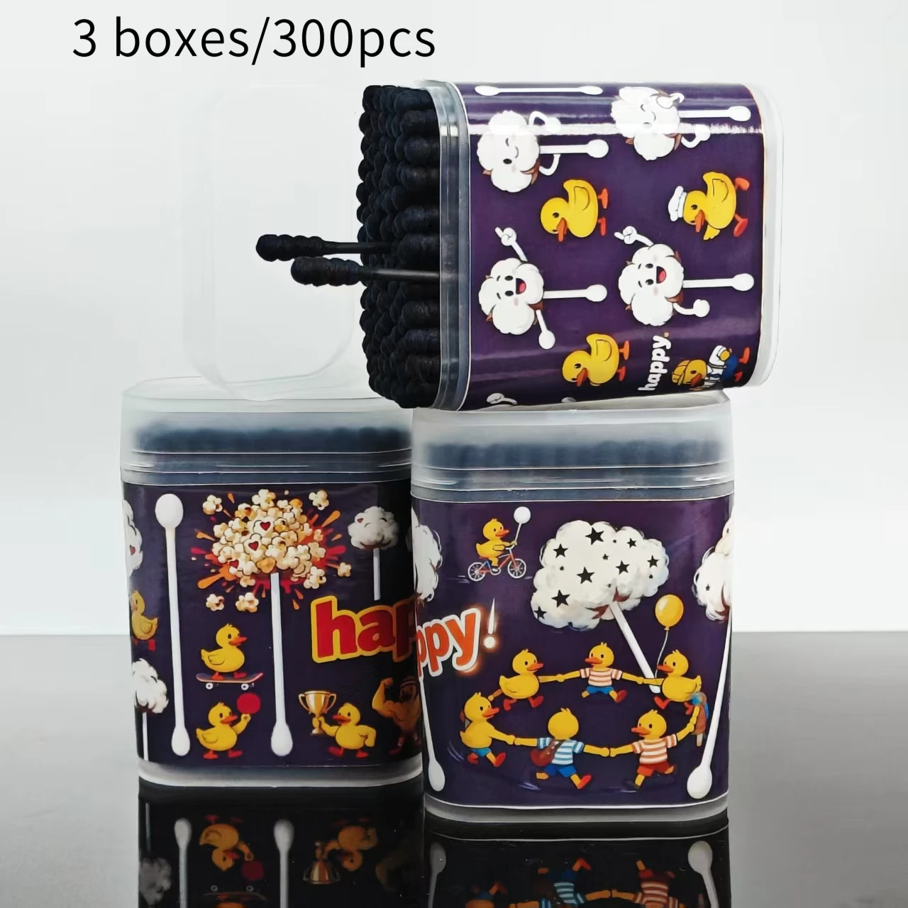 성인용 작은 노란색 오리 모양의 양면 면봉 300개, 창의적인 작은 노란색 오리 요소 검정색 면봉 스틱