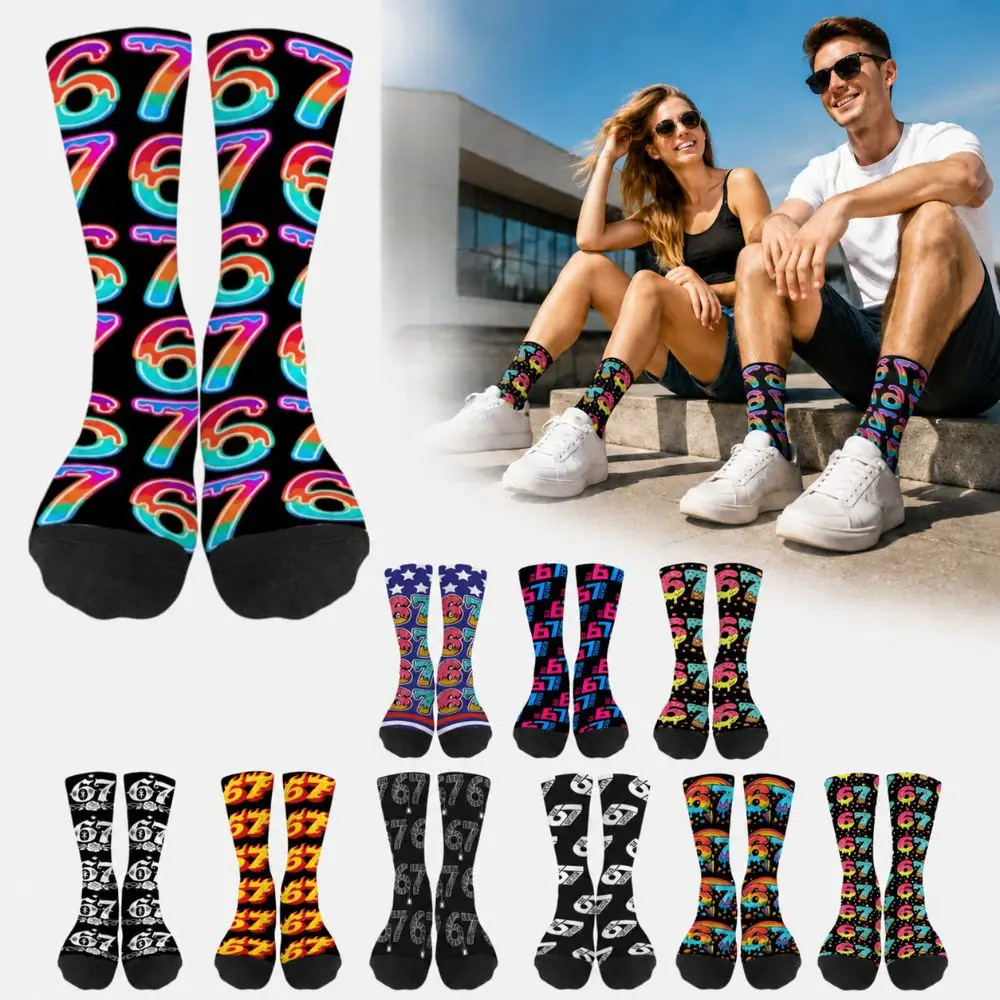 Cartoon Unisex 67 Meme Ice Cream Socks Warm Cotton 67 Meme Crew Long Socks Breathable Lightweight Creativity Stockings