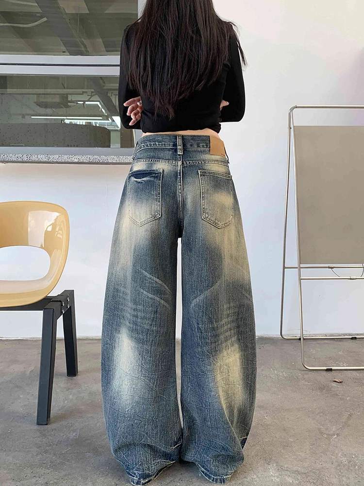 กางเกงยีนส์ทรงแบ็กกี้ผ้าเรดดาชิค แต่งลายวินเทจ สไตล์เกาหลี เอวต่ำ ทรงหลวม ขากว้าง ทรงกระบอก สตรีทแวร์ ยุค Y2K