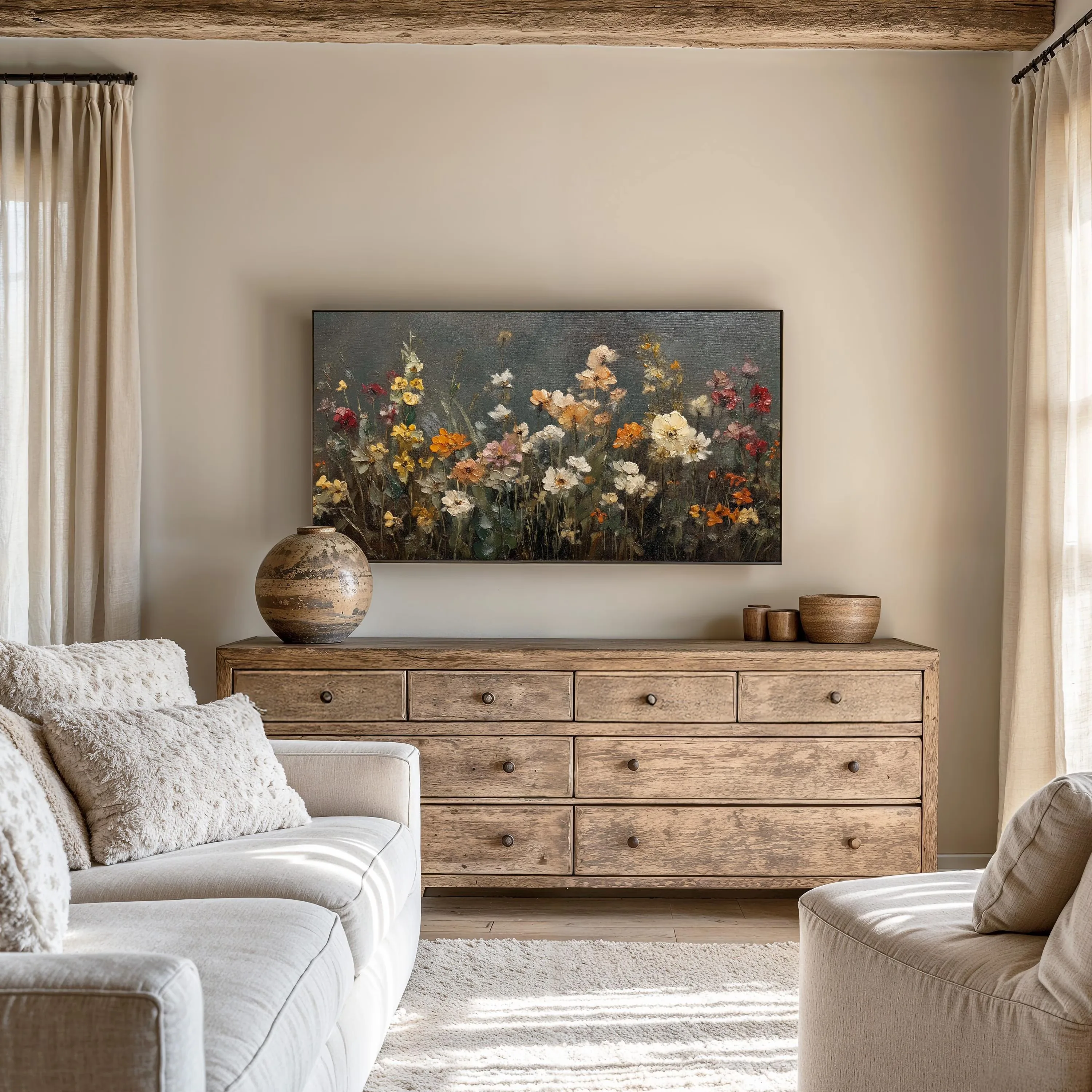 

Melancholy Summer Wildflowers Canvas Poster,Botanical Floral Wall Art,Dark Green Modern Floral Painting,Home Living Room Decor