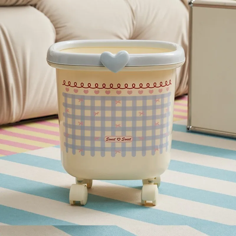 

Large Capaci Tra Can with Wheels for Bedroom And Living Room Cute Girl Design Home Use Moving Waste Bin High Aesthetic Value