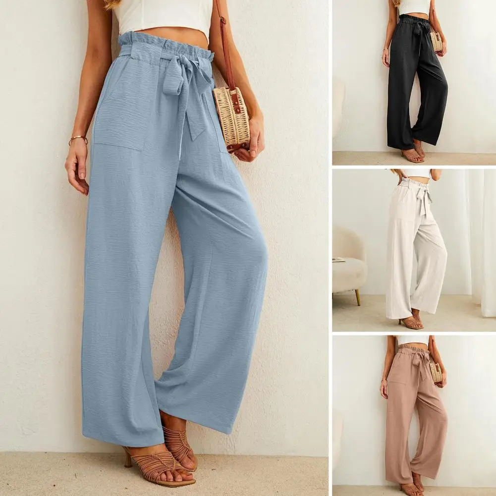 

Versatile Loose Fit Pants Elastic Waist Belt Pants Stylish Women's High Waist Wide Leg Pants with Pockets Casual for Sports