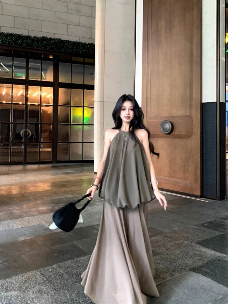 Halter Neck Bubble Top High Waist Semi Sheer Skirt Women's French Vintage Light Mature Summer Two Piece Set