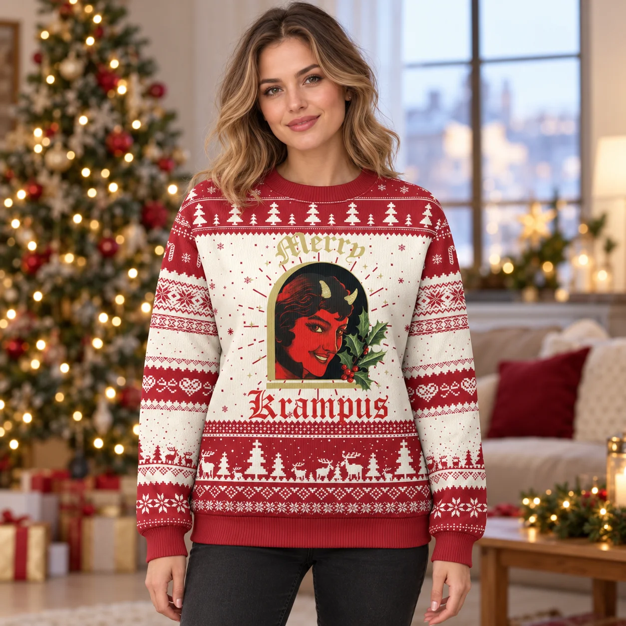 New Explore Holiday Folklore in Krampus Print Sweaters An Ugly Christmas Sweater with Gothic Graphics for Men Women and Adults