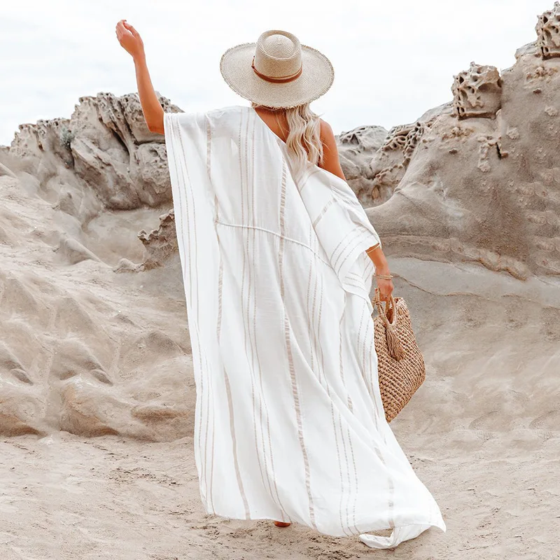 Striped Beach Cover Ups Women Lace Up Tunic Long Robes 2023 Summer Loose Cardigan Beachwear