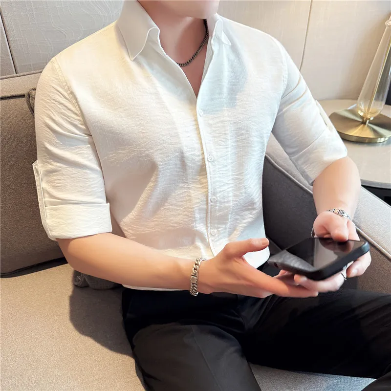 

Men Shirt Dress Quality Elegant Thin Long Sleeve Men's Social Shirts Slim Fit Single Breasted Casual Elastic Office Blouse Homme
