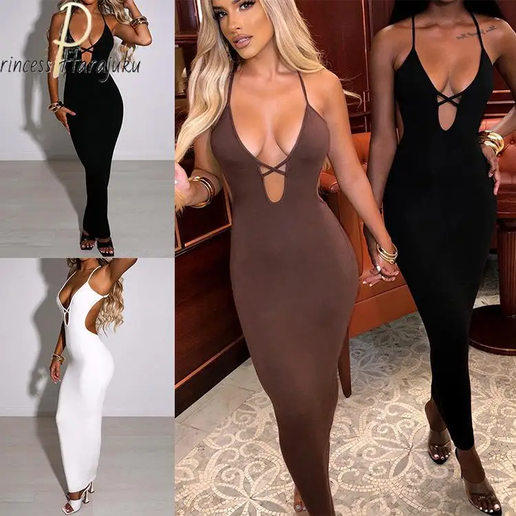 

Black V-neck Backless Sexy Cutout Spaghetti Strap Bodycon Long Dress Women Dress 2022 New Summer Y2k Evening Dresses Party Club