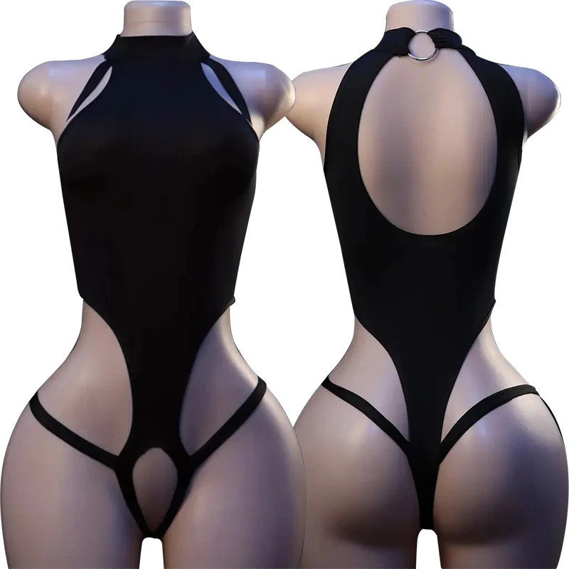 

Эротическая ночная рубашка с открытой промежностью, женский пижамный комплект с открытой спиной, сексуальное женское белье, короткие комплекты, пижама с высоким воротником, Mujer, Тедди, костюм для сна