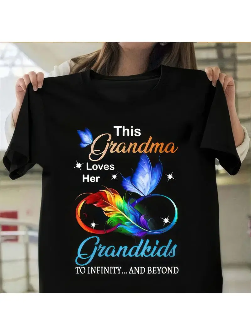 Women's This Grandma Loves Her Grandkids To Infinity Beyond T-Shirt Black Short Sleeve Round Neck Rainbow Birds Stars Graphic