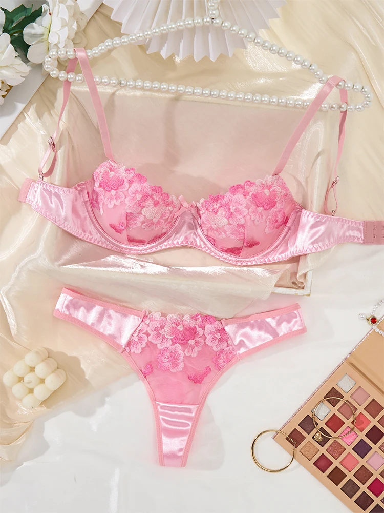 Lingerie erotis wanita, Set Bra bordir bunga merah muda, pakaian dalam jaring, pakaian dalam intim cantik, pakaian dalam fantasi