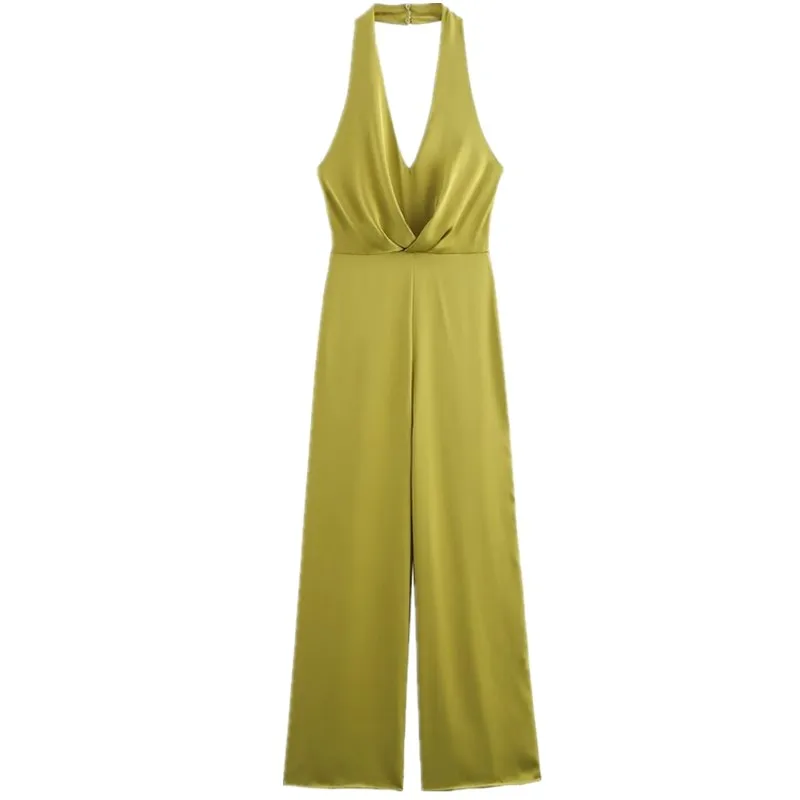 

Fall 2024 Women's V-Ne Silk Satin Long Pants Jumpsuit Design Sensation Ne Hanging Design All-Match mid Waist Sle