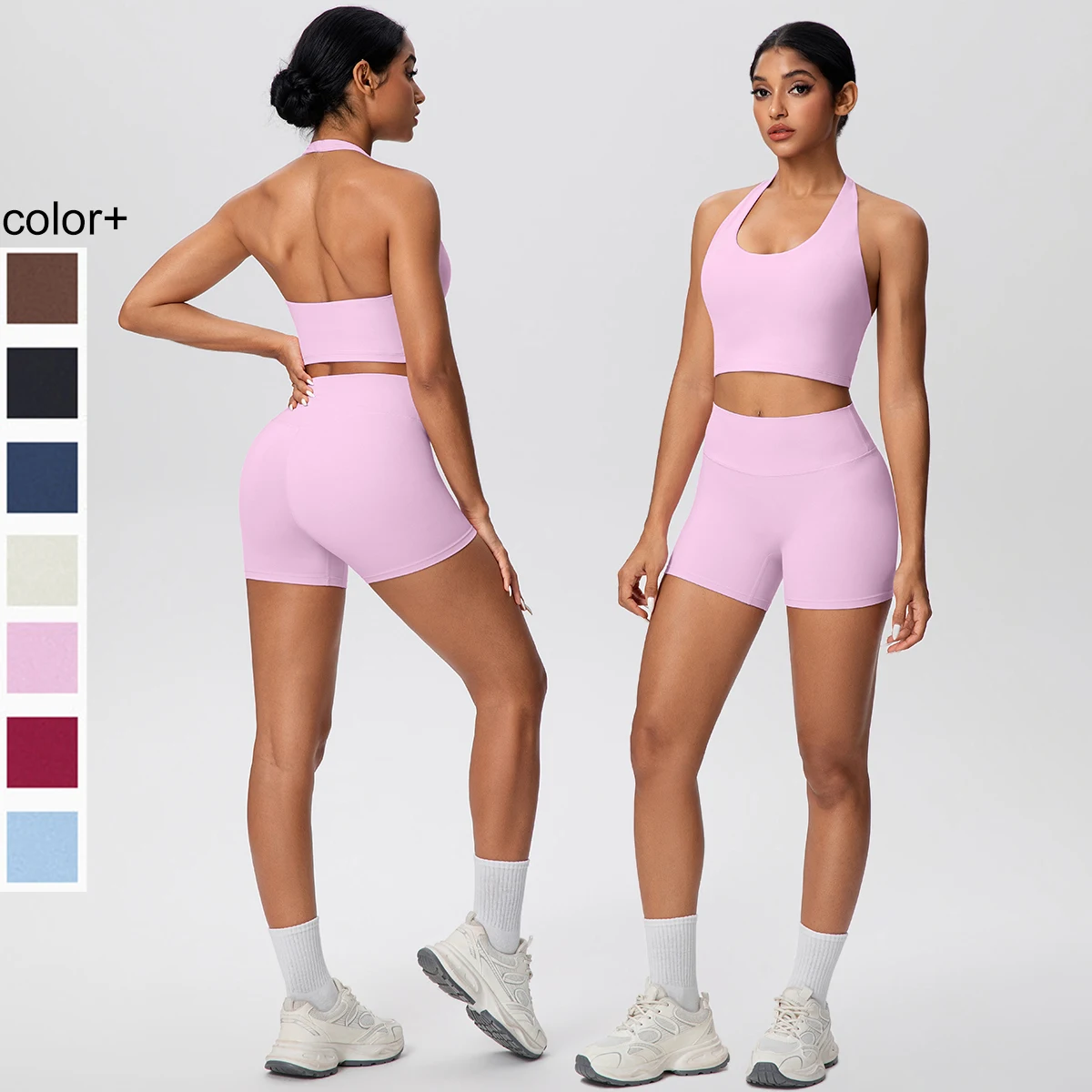 2picese Women Yoga Suit Solid Color High Waist Hip Push Up Fitness Shorts Sexy Pilates Backless Gym Hanging Neck Bra Yoga Set
