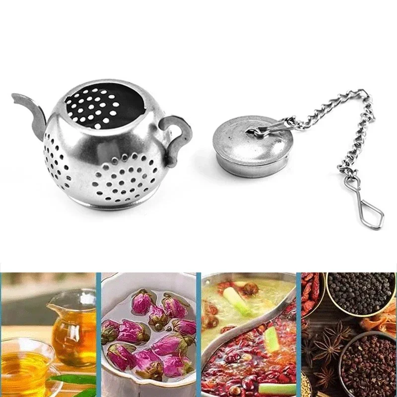 Metal Tea Strainer Teapot Shape Loose Tea Stainless Steel Infuser Leaf Tea Maker Strainer Chain Drip Tray Herbal Spice Filter