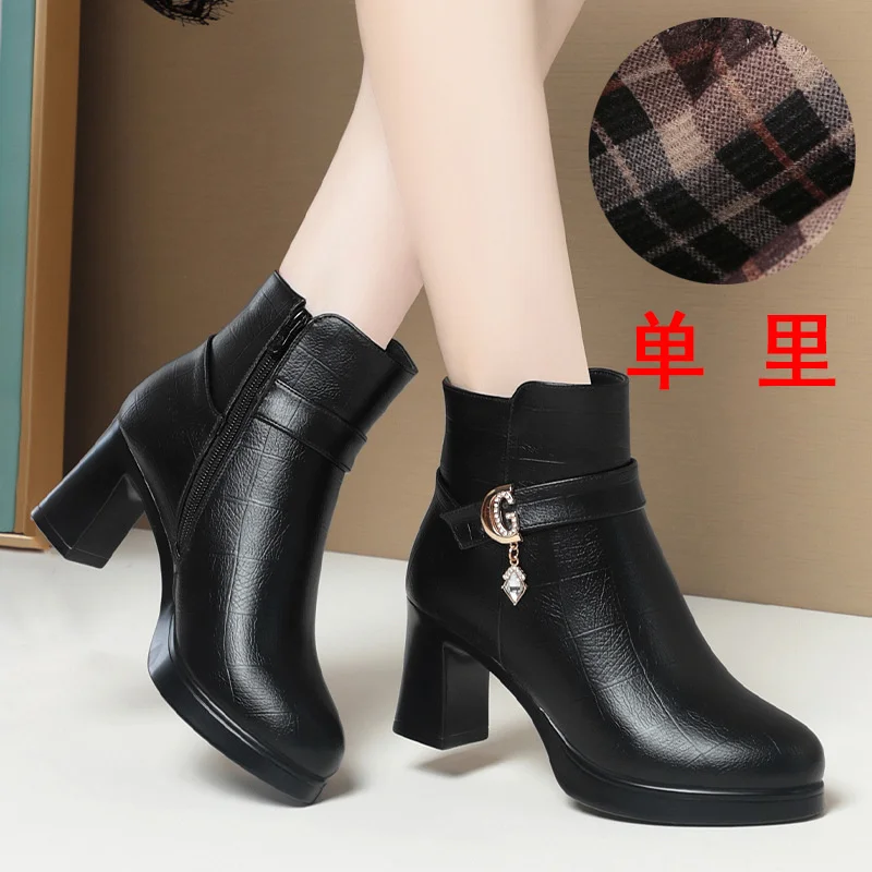 Fashion Winter Women Soft Leather Ankle Boots Thick Plush Warm Snow Short Boots Mother Non-slip High Heel Shoe