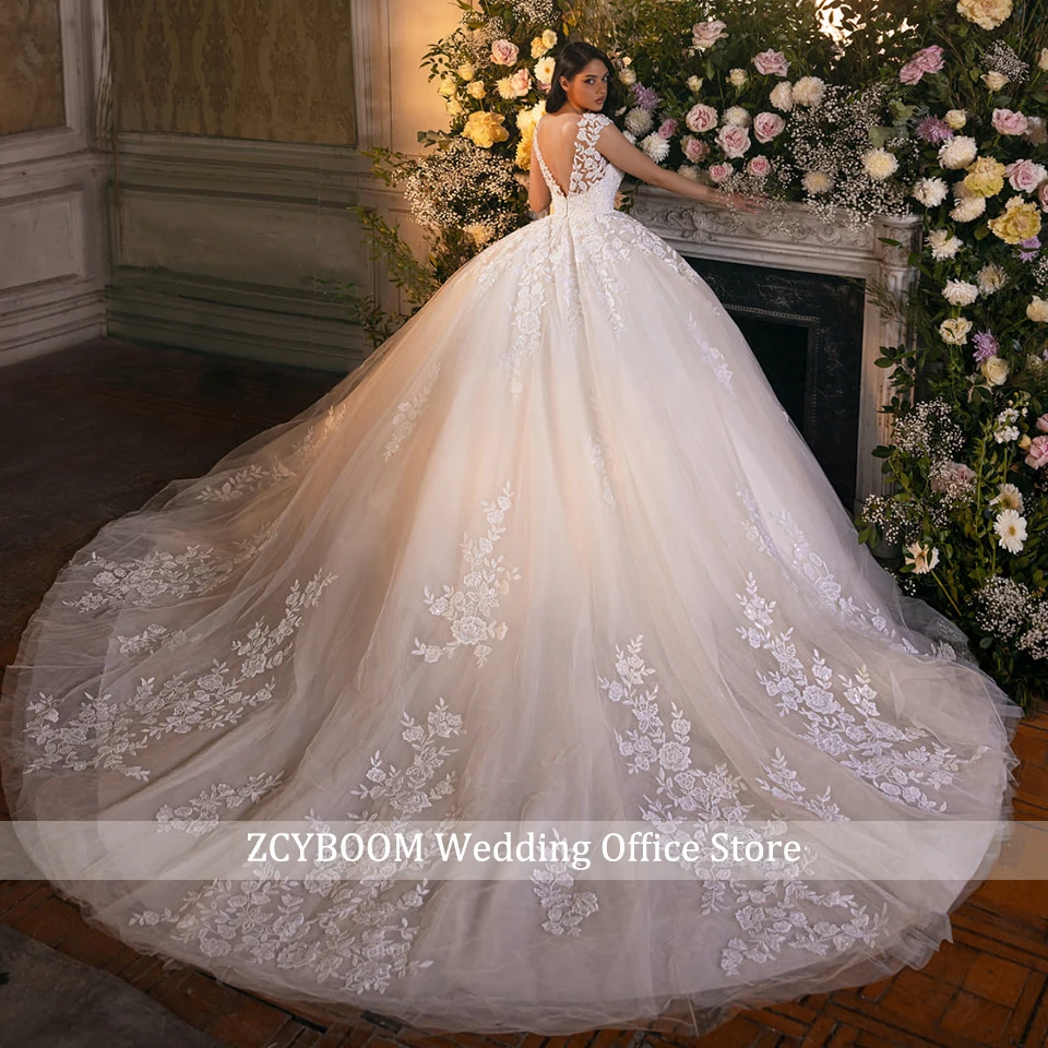 Vestido De novia champán con forma De corazón, vestidos De novia De princesa con Apliques De encaje, mangas casquillo, vestidos De novia sin espalda, Vestido De novia