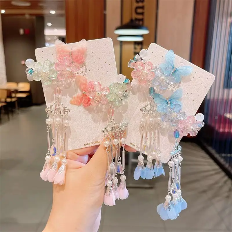 Haarschmuck-Set für Mädchen im chinesischen Stil – Hanfu-Haarspangen mit Schmetterlingen, Quasten und baumelnden Nadeln, antike, elegante Haarnadeln