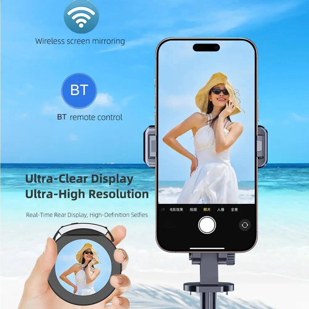 Espelho de selfie magnético redondo sem fio para celular com monitor de projeção de tela para transmissão ao vivo de fotos e vídeos