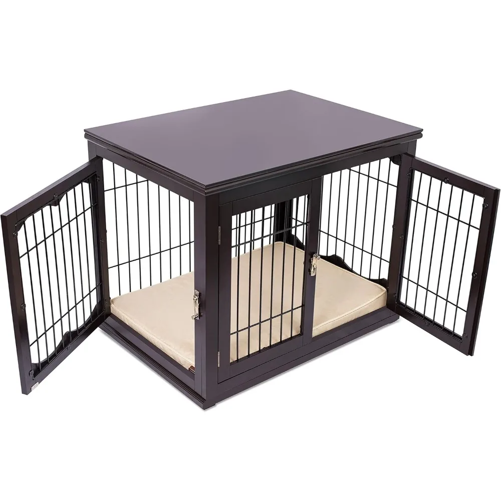 Decorative Dog Kennel with Pet Bed - Small Indoor Pet Crate, Double Door Design, Engineered Wood & Metal Wire, Fur