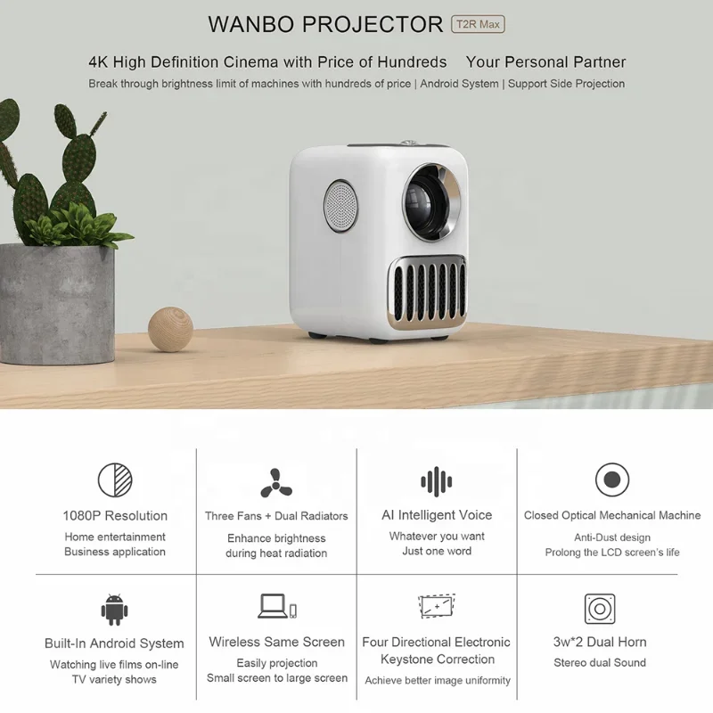 Superior T2R Max Wireless Mini Projector Android 9.0 HD 1080P Portable Projector Voice Control 16G WIFI BT Projector 1G 2G