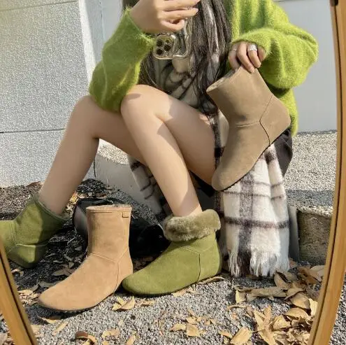 Winter Girls Khaki Green Gray Suede Round Toe 3 CM Height Increasing Warming Snow Boots Women Lamb Fur Slip On Short Boote Shoes