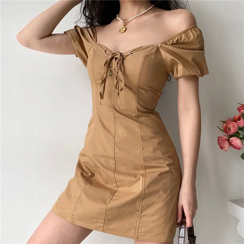 

French Vintage Summer New Women Square Neck Lacing Puff Sleeve Dress Slim Sexy Solid Color A-word Off Shoulder Short Skirt