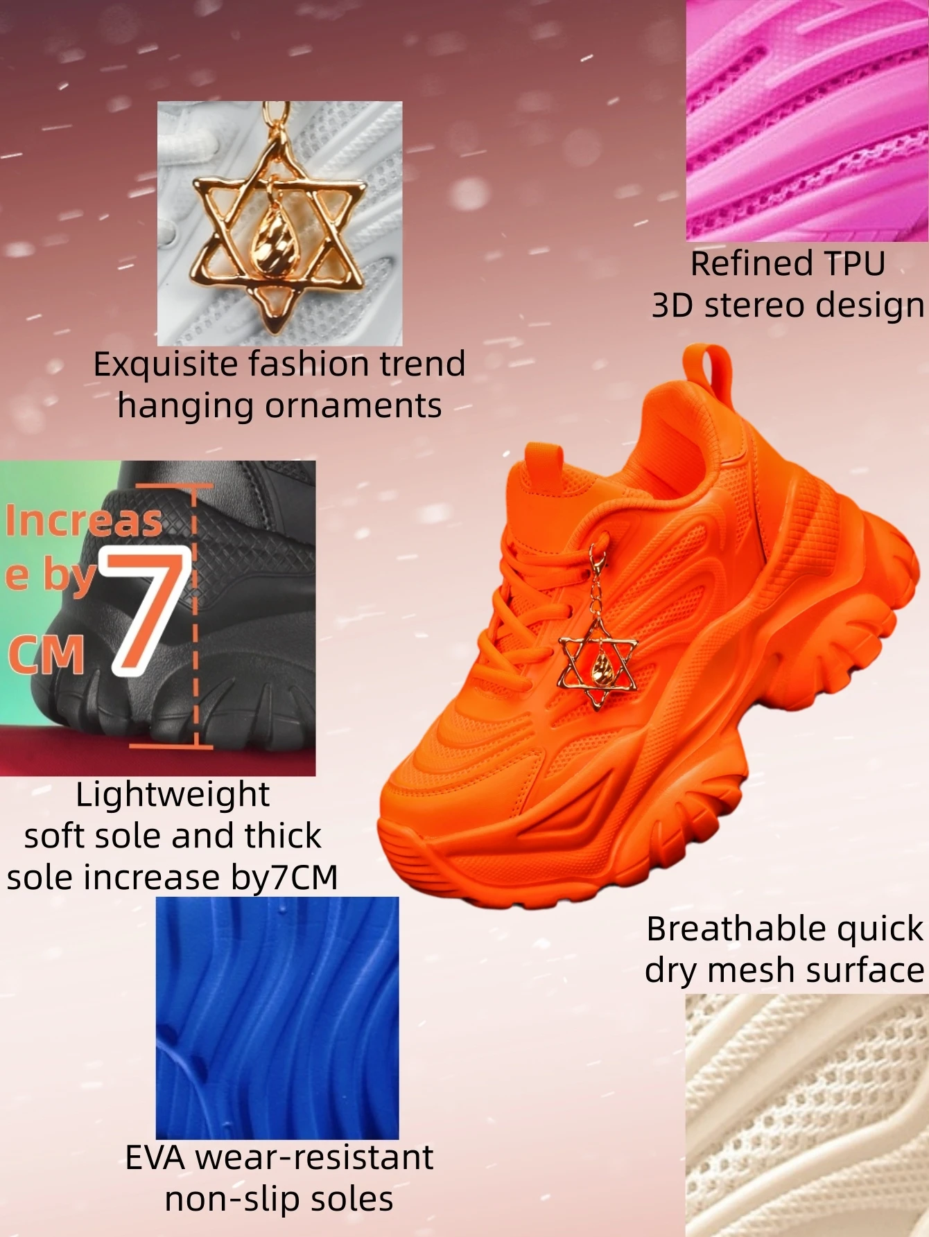 Zapatillas vulcanizadas de moda para mujer, ideales para todas las estaciones y actividades al aire libre. Zapatillas deportivas ligeras de suela gruesa de 7 cm que aumentan la altura, en color naranja, con un estilo moderno y atractivo. Adornadas con un dije desmontable en forma de hexagrama con motivos de gotas de agua doradas. Adecuadas para correr, hacer ejercicio físico y para diversas ocasiones.