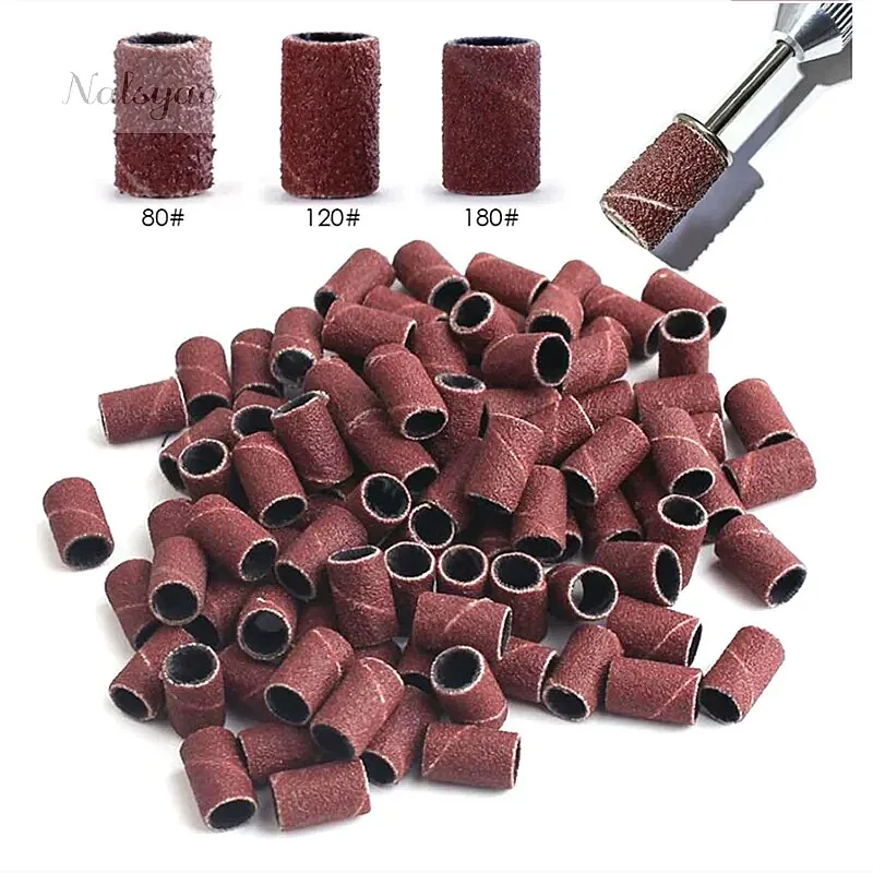 100/50pc Sanding Cap Bands For Electric Manicure Machine 180/120/80 Grit Nail Drill Grinding Bit Files Pedicure Set